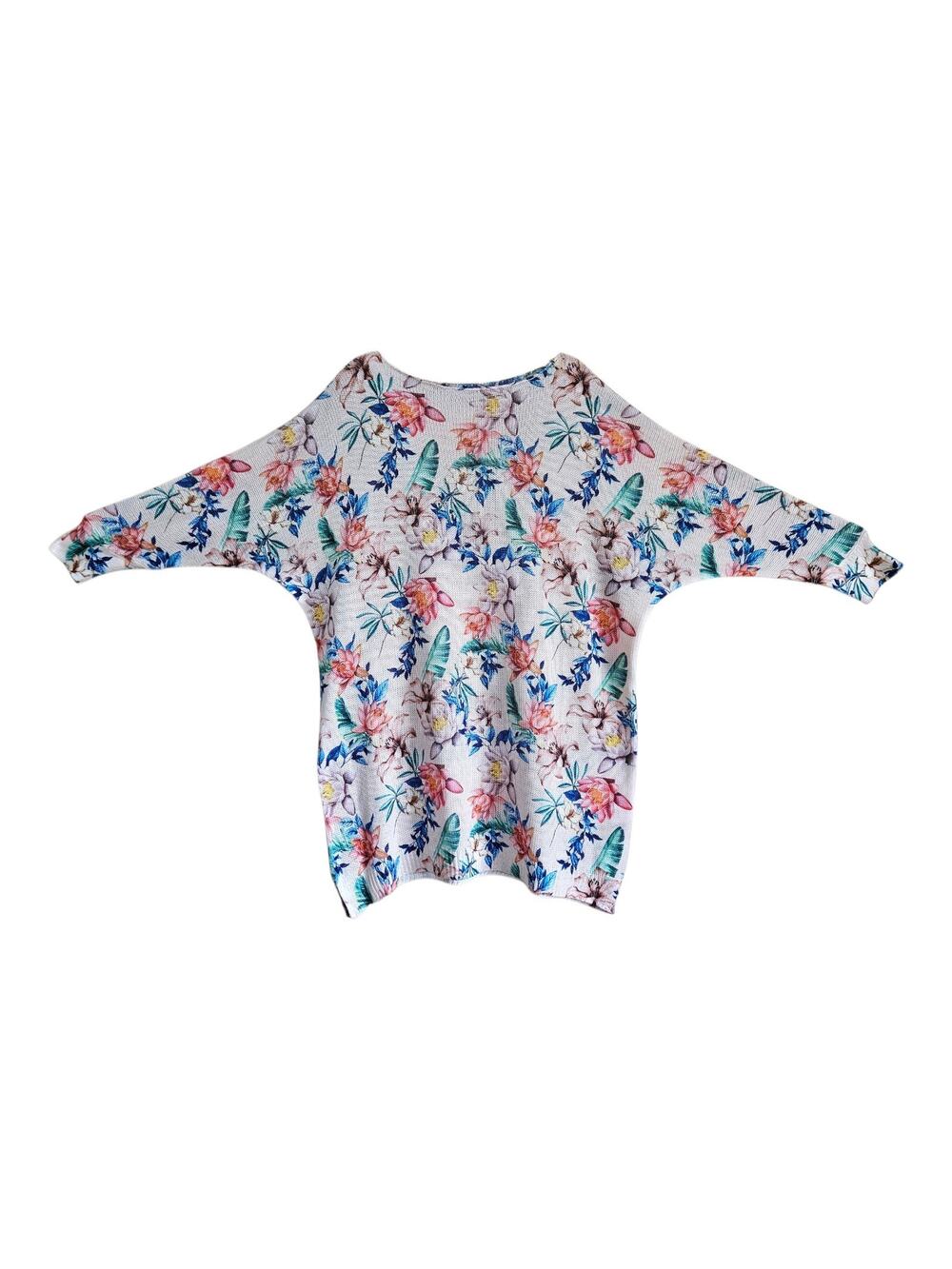 M Made in Italy Women's L Tunic Sweater Watercolor Floral Boatneck Artsy 48"